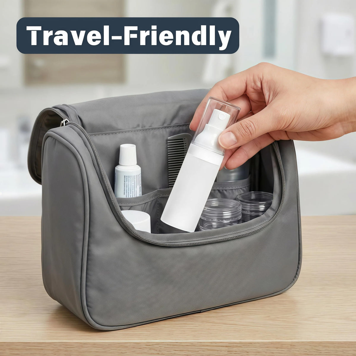 FaceBucks bottles tucked into a carry-on toiletry kit for flight-ready convenience