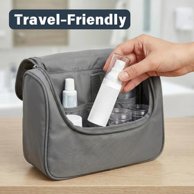 FaceBucks bottles tucked into a carry-on toiletry kit for flight-ready convenience