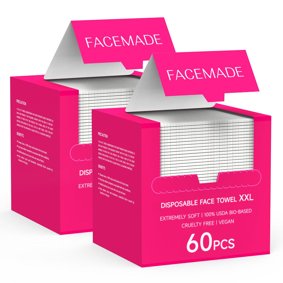 FACEMADE front packaging showing 120 count and biobased badge for clear benefits