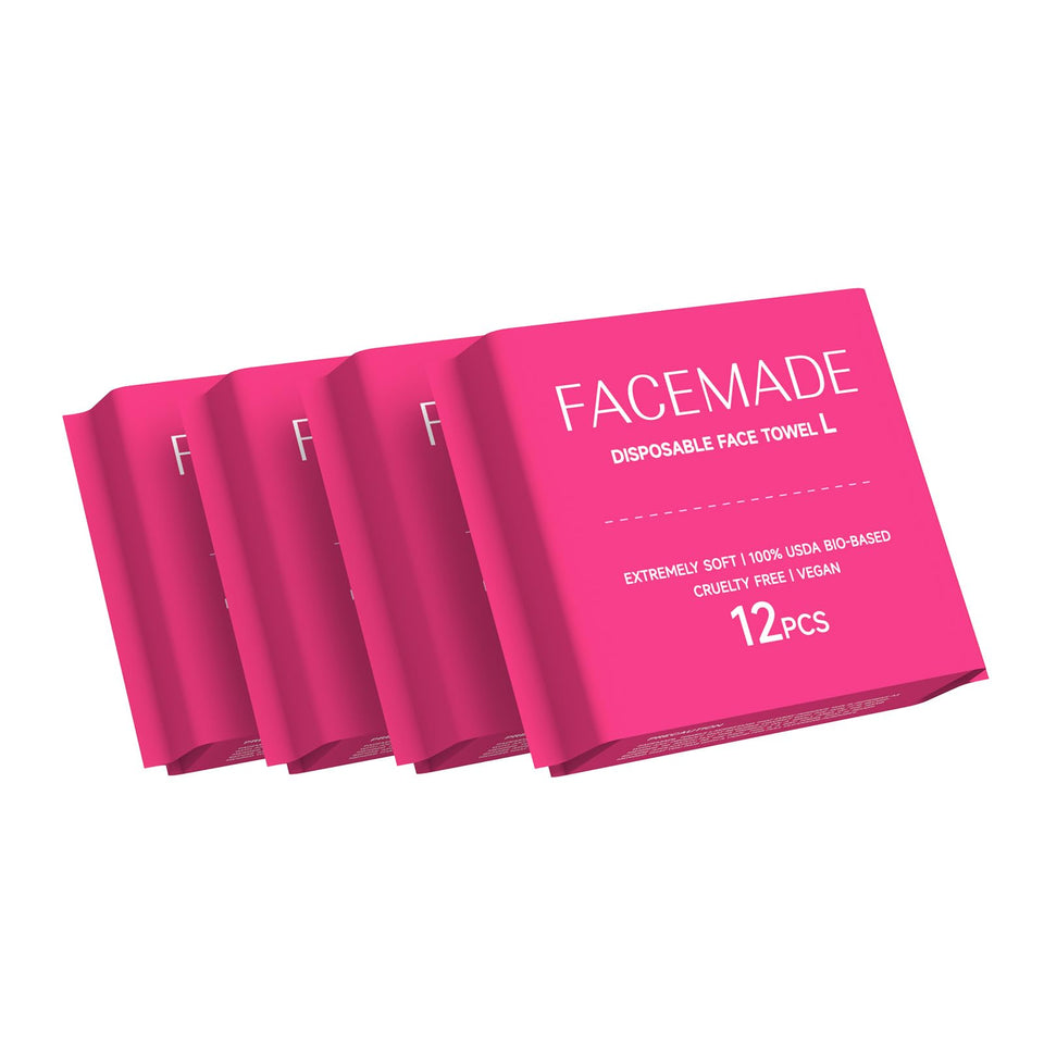 FACEMADE front packaging showing 48-count travel towels and eco messaging
