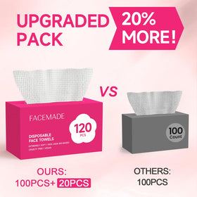 FACEMADE towel held in hand to show scale and portability