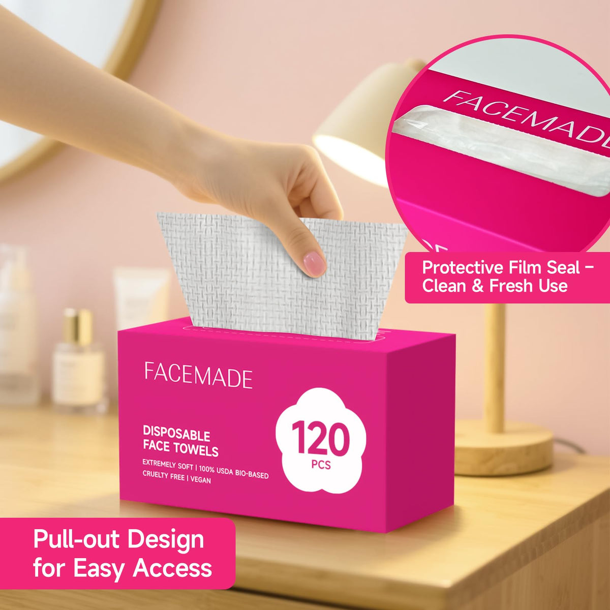 FACEMADE wet towel absorbing water to demonstrate absorbency