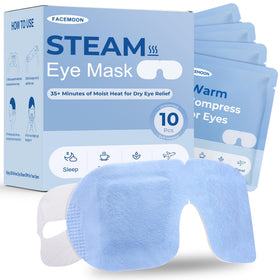 FACEMOON front packaging showing ten unscented steam eye masks for travel convenience