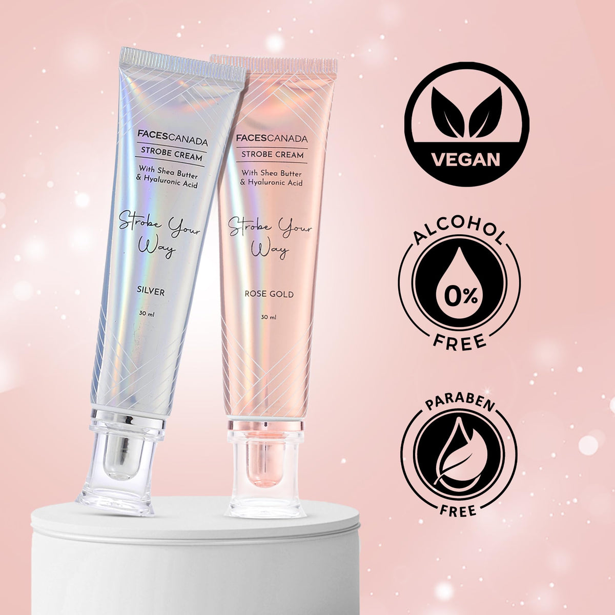FACESCANADA strobe cream on bathroom counter suggesting daily hydration routine