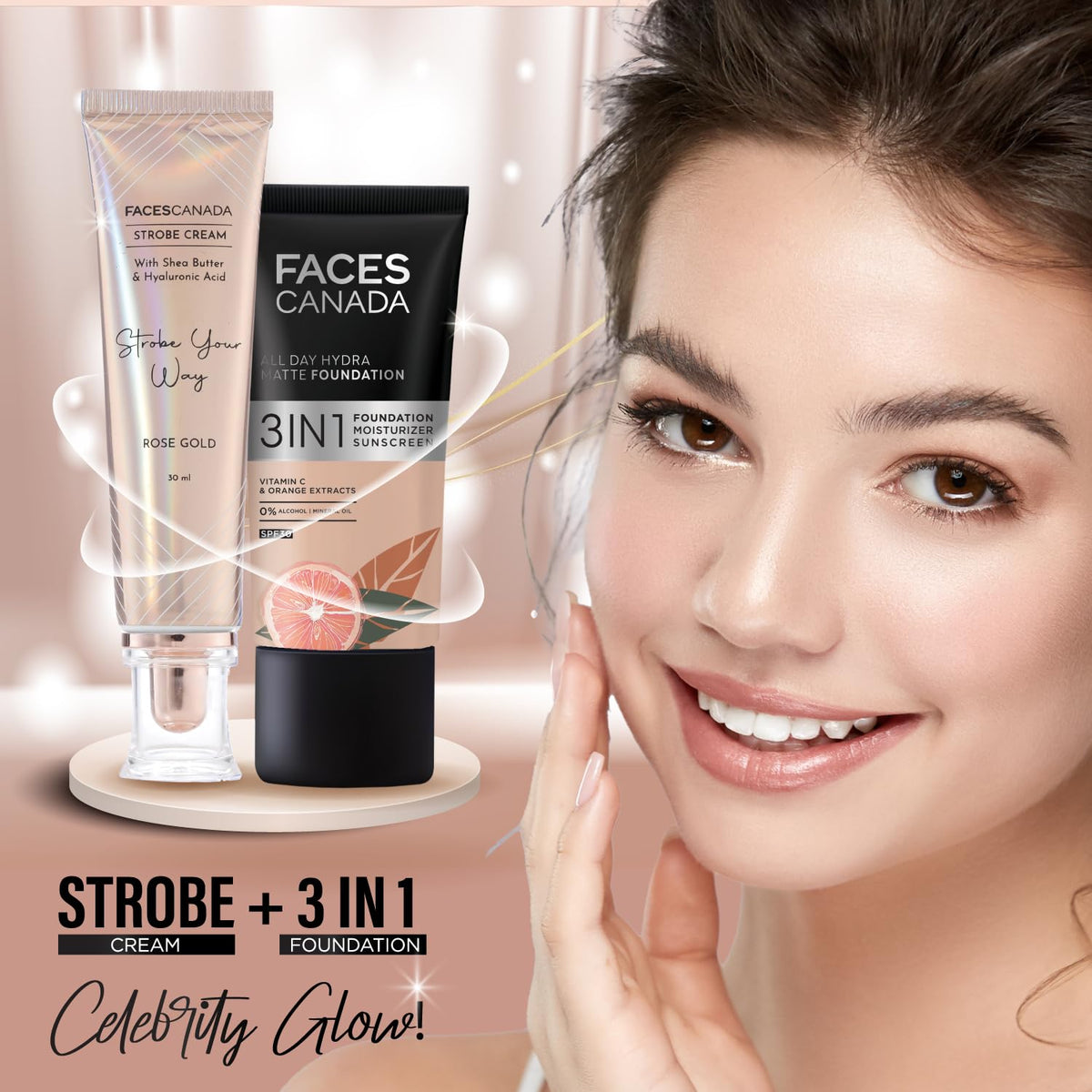 FACESCANADA swatch on skin revealing subtle rose gold radiance and dewy finish