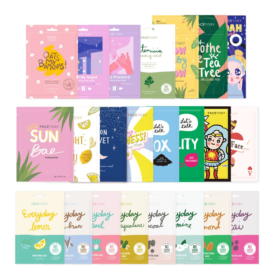 FACETORY front box packaging showing the full 23 mask assortment and convenience