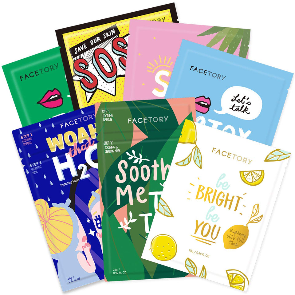 FACETORY front packaging of BEST OF 7 set showing product benefits
