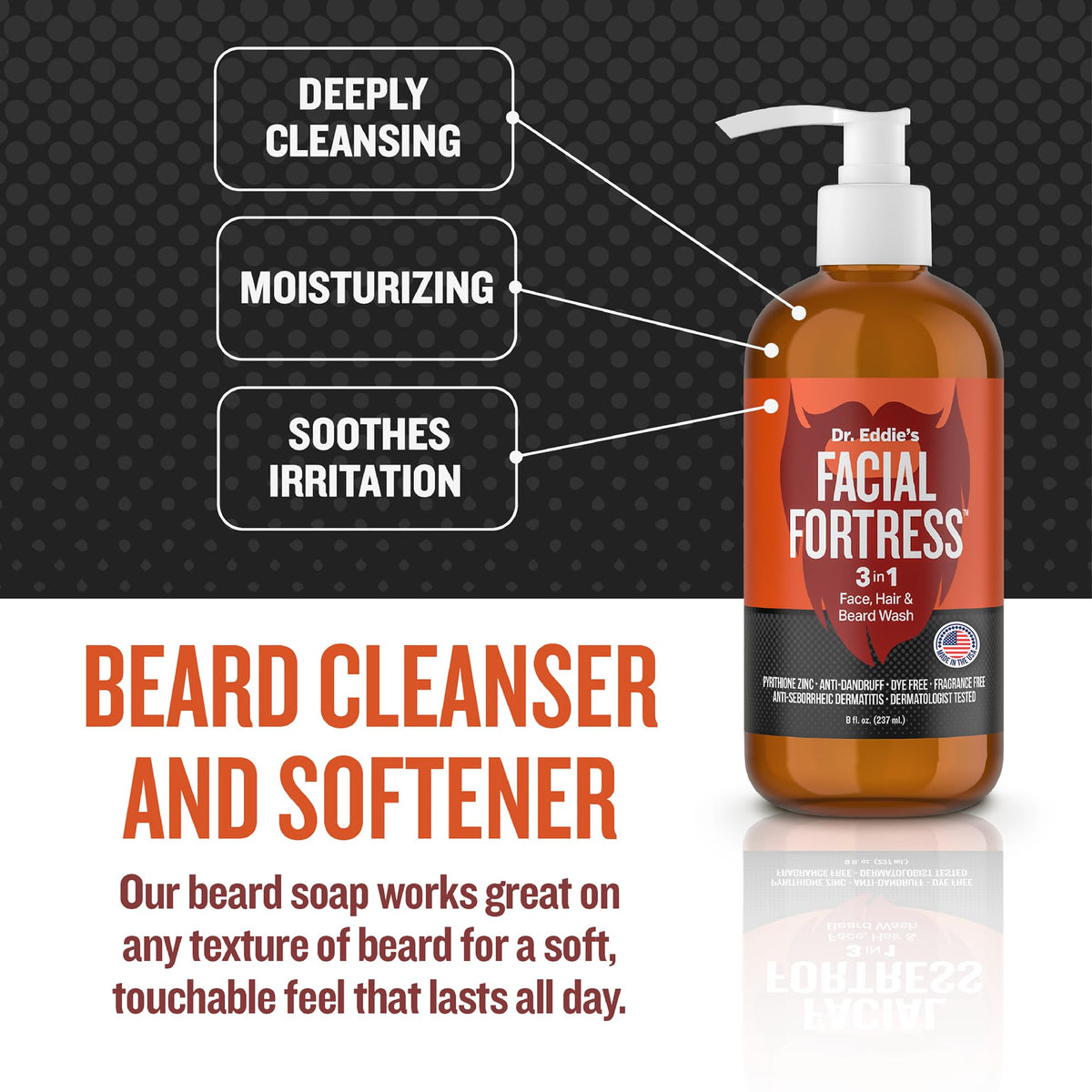 Facial Fortress bottle on bathroom shelf with grooming items suggesting daily routine fit