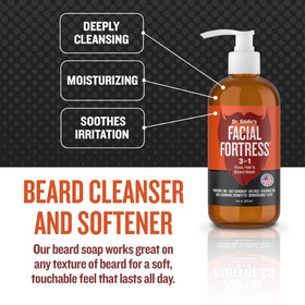 Facial Fortress bottle on bathroom shelf with grooming items suggesting daily routine fit