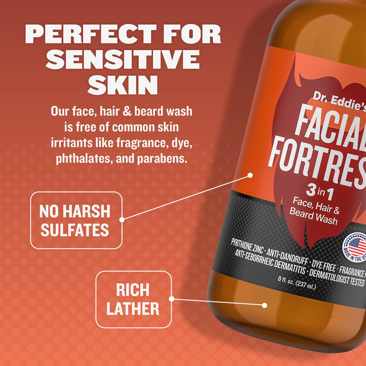 Facial Fortress in-use shot of man rinsing beard showing reduced irritation potential