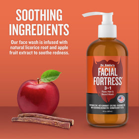 Facial Fortress bottle held in hand showing compact 8 fl oz travel-friendly size