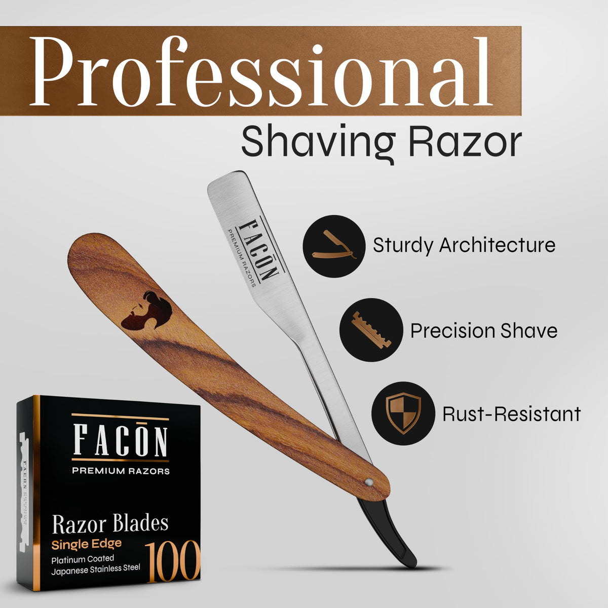 FACON close-up of platinum-coated blade edge highlighting sharp, consistent performance