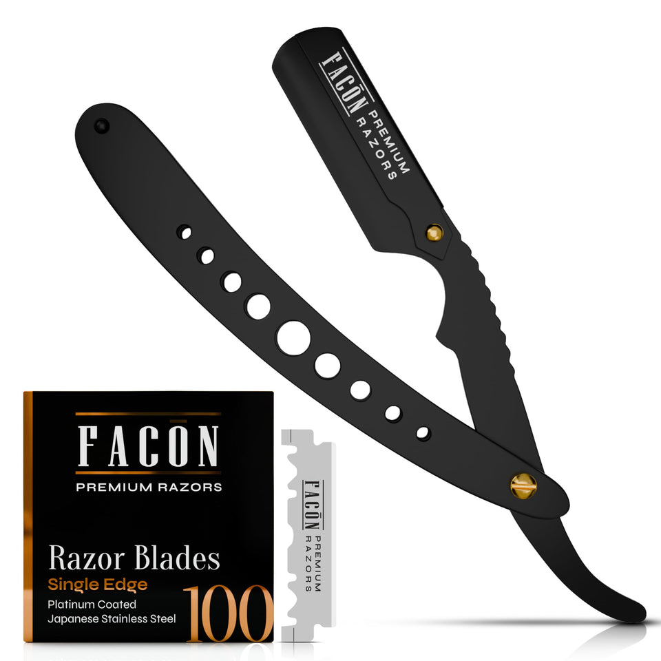 FACON front packaging showing the full straight razor kit and blades for reliable grooming