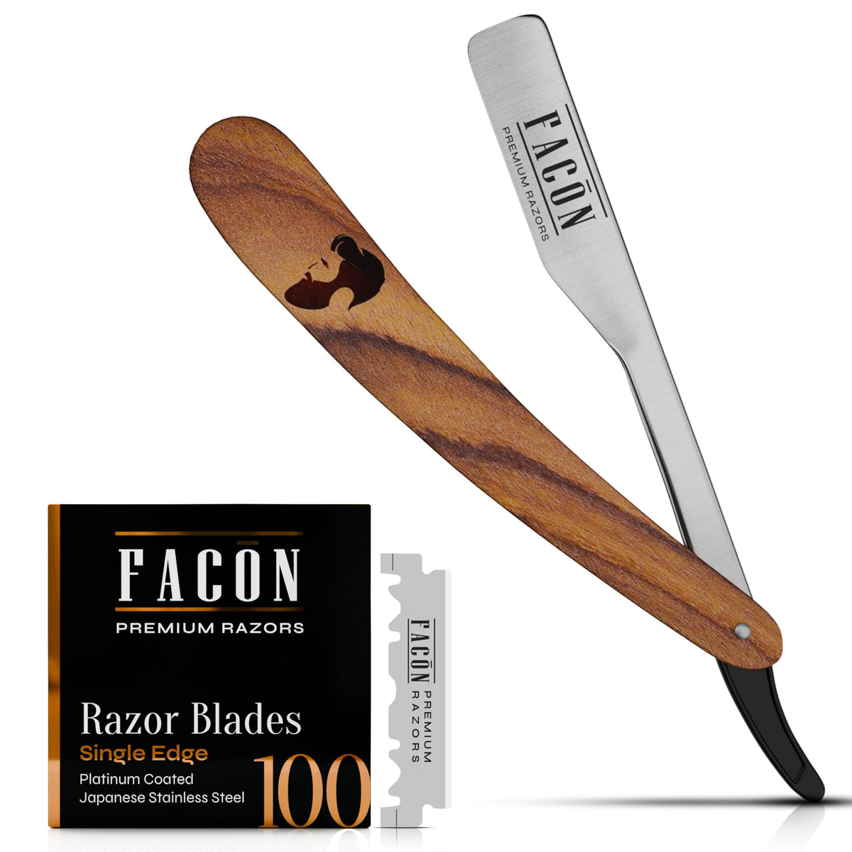 FACON front packaging showing complete razor kit and 100 blades for reliable grooming