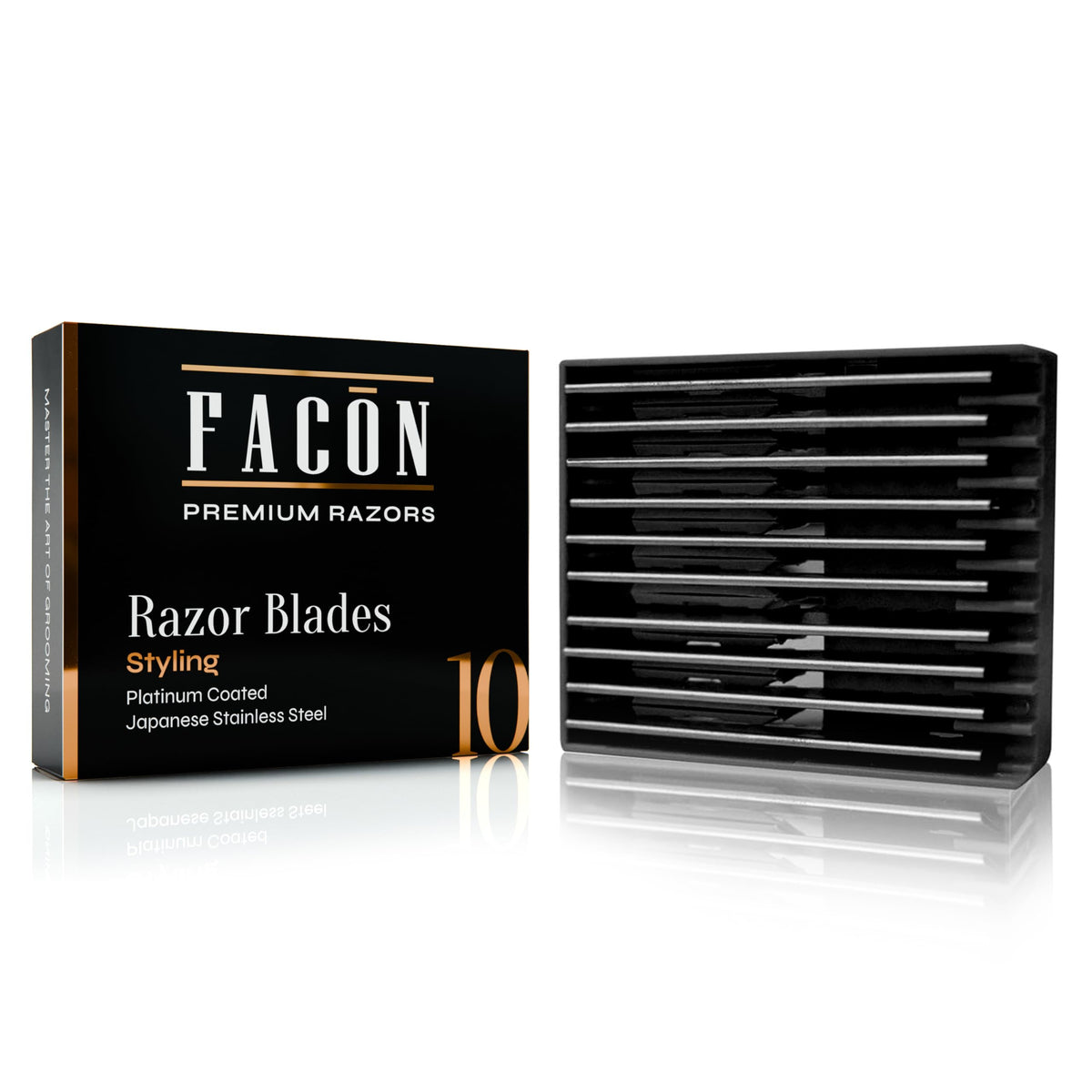 FACON front packaging showing 10 replacement blades and clear benefit