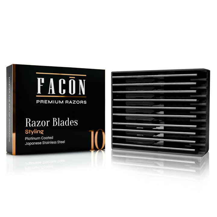 FACON front packaging showing 10 replacement blades and clear benefit