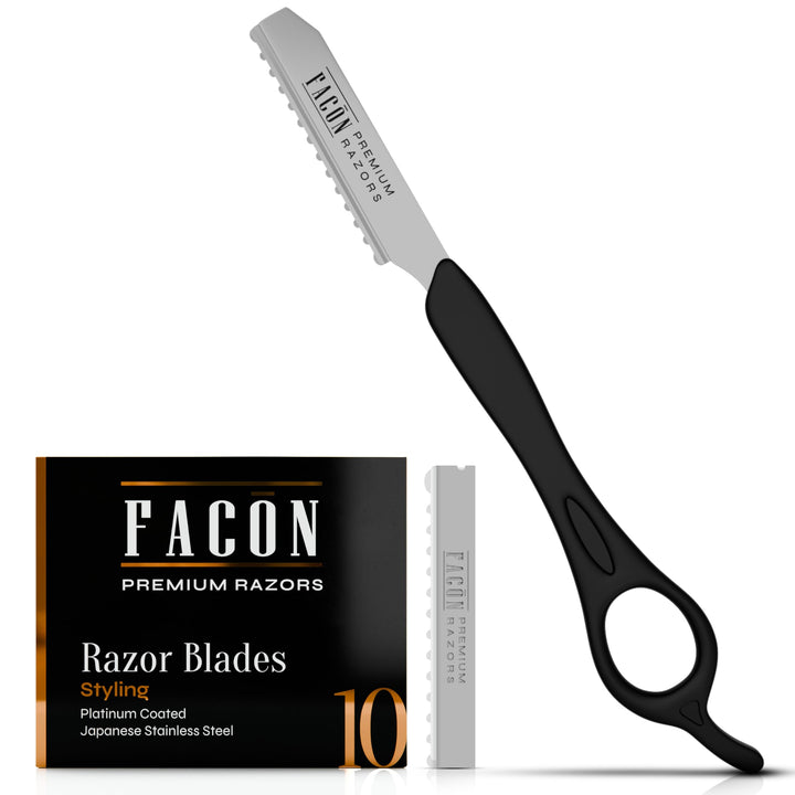 FACON front view packaging showing complete razor kit and extras for professional styling