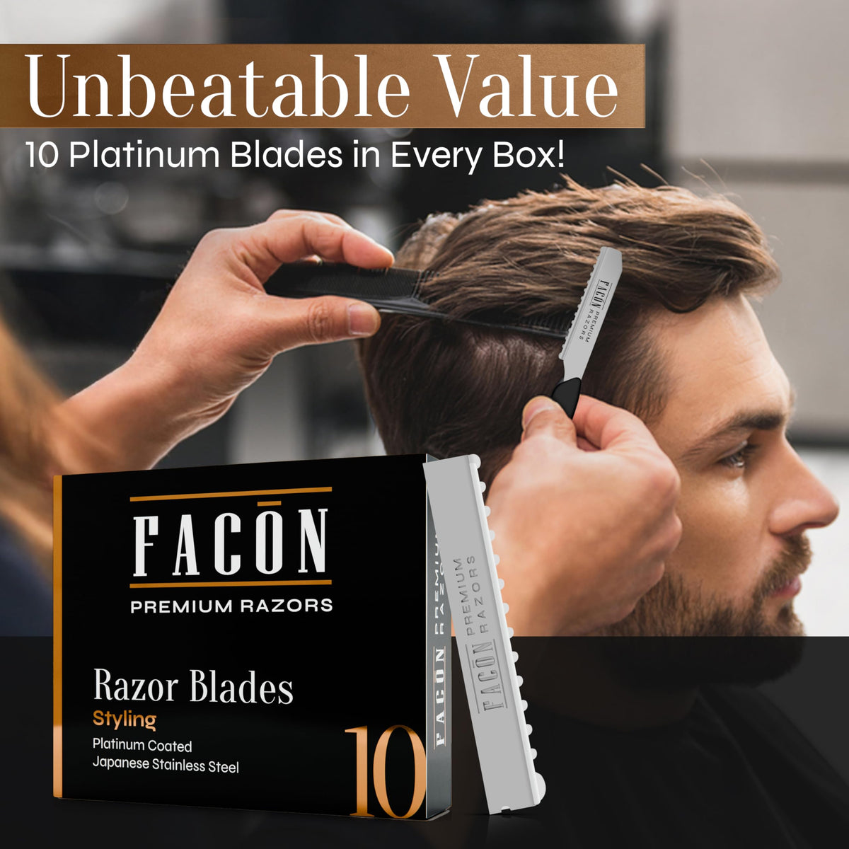 FACON pack of ten blades arranged to show quantity and consistency