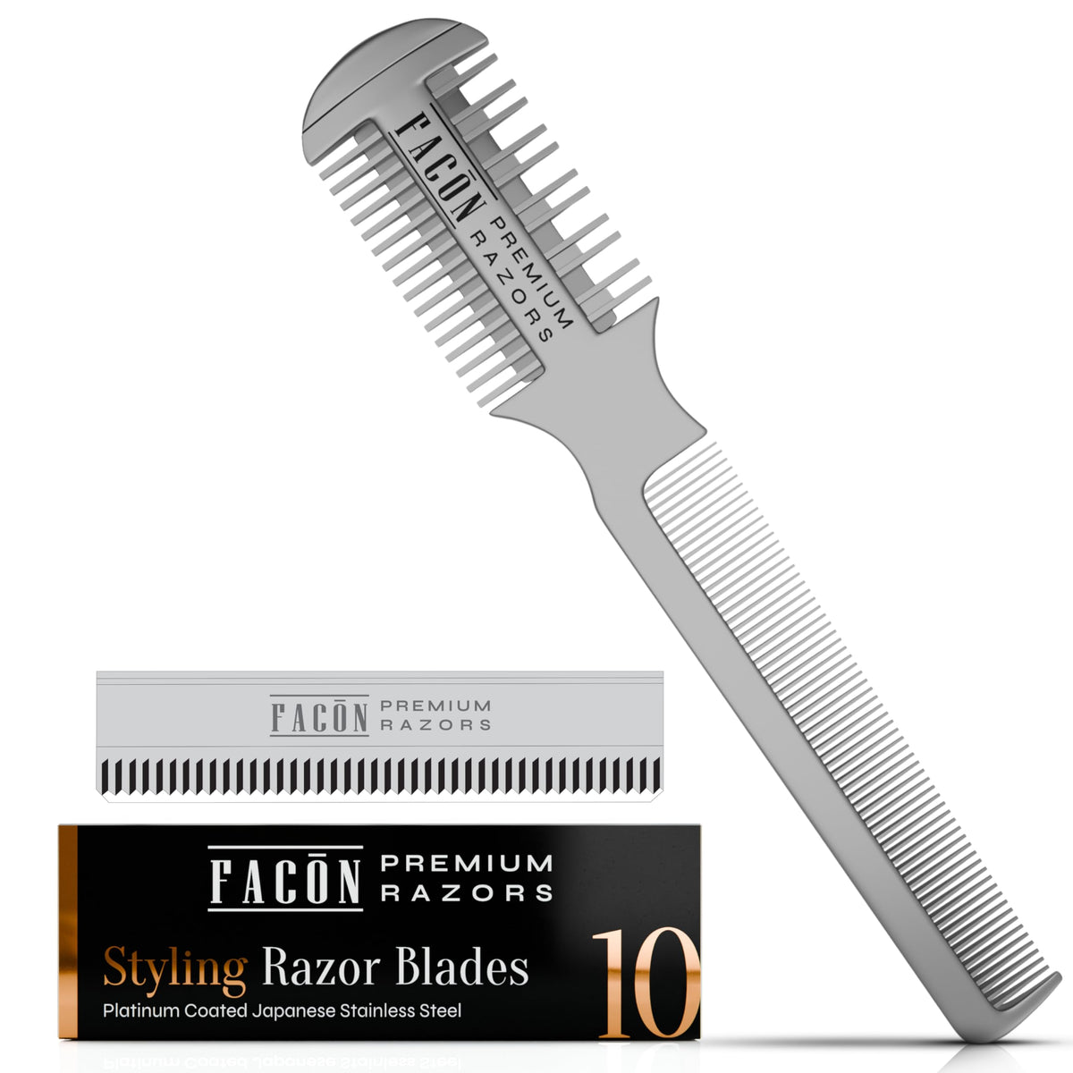 FACON razor comb front view showing compact design and ergonomic grip