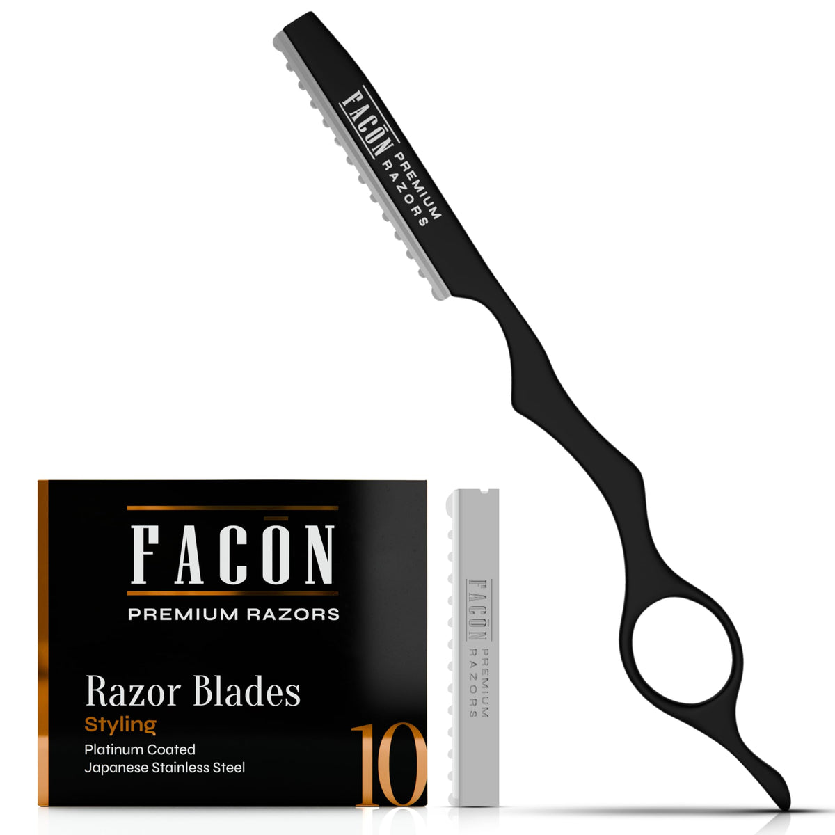 FACON razor front view showing sleek stainless steel and precise tip, professional finish