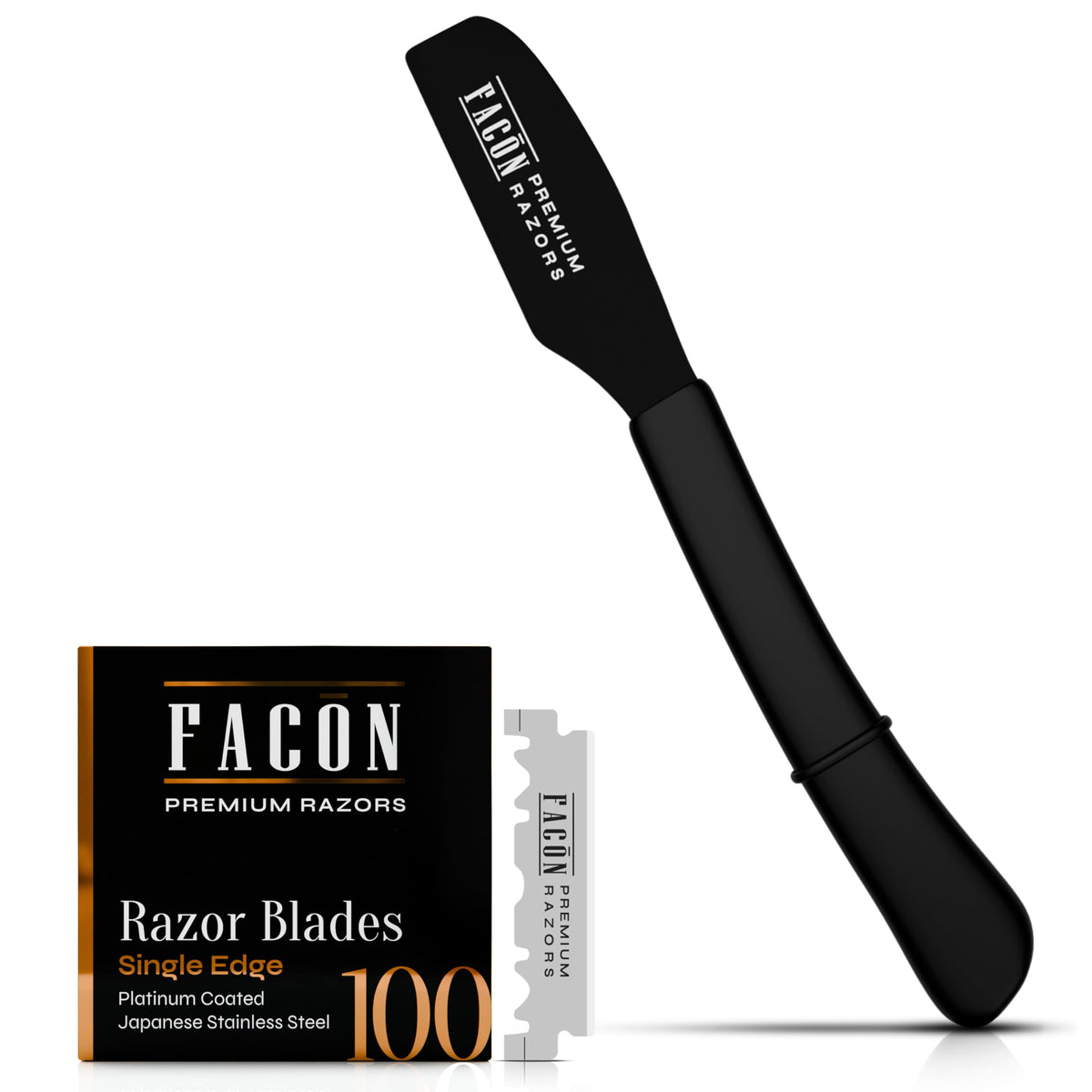 FACON razor front view showing sleek stainless-steel build and precise balance