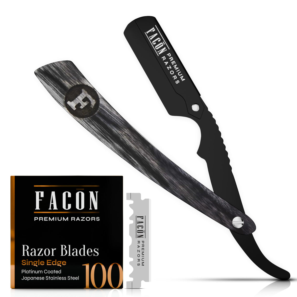 FACON razor front view showing stainless-steel head for precise shaving