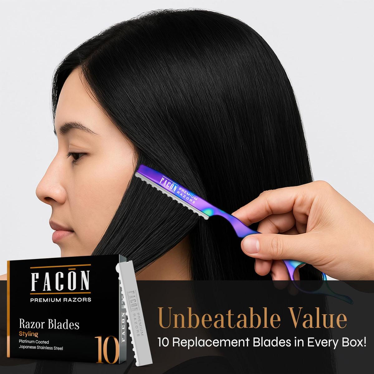 FACON razor in use in a salon demonstrating quick texturizing results