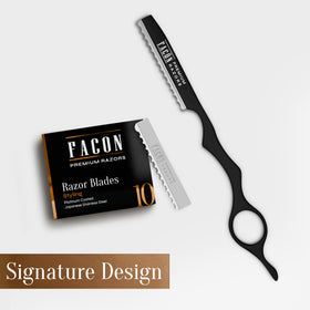FACON razor next to hand for scale to show compact, travel-friendly size