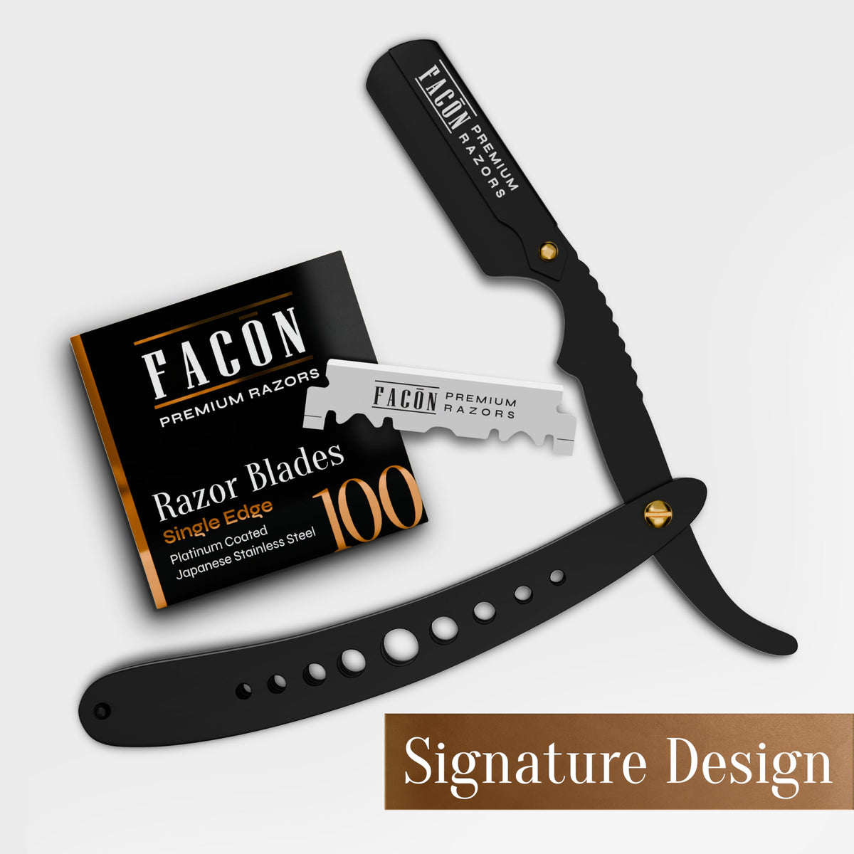 FACON razor beside ruler for scale showing compact size and balanced weight benefit
