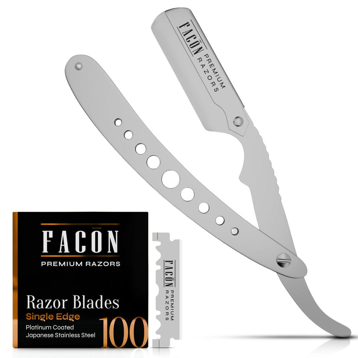 FACON front view of stainless steel razor showing professional finish and control