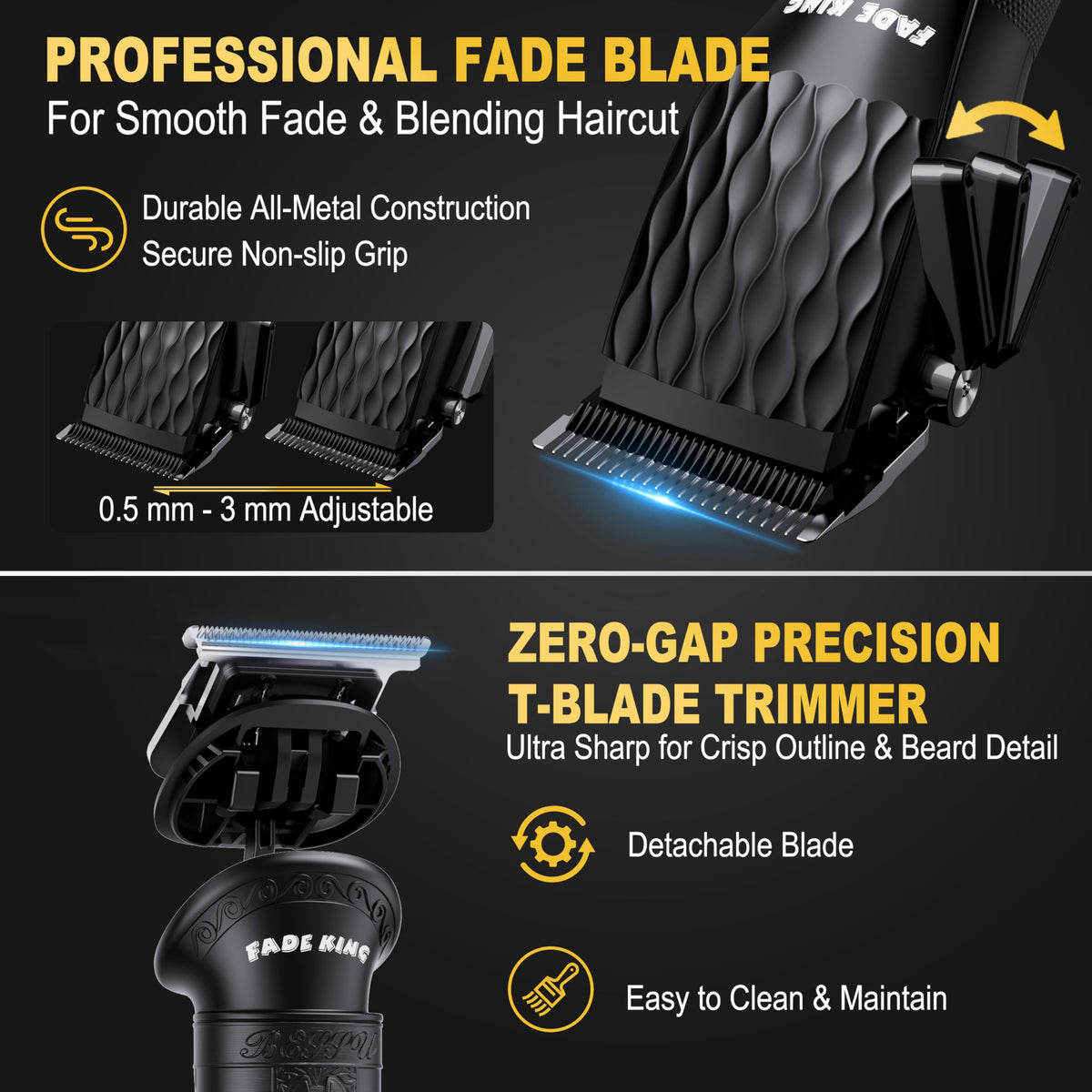 FADEKING precision blade close-up highlighting self-sharpening edge benefit: consistent cuts