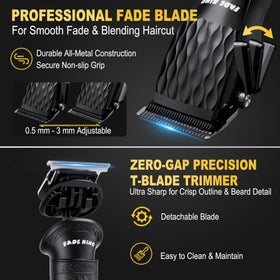 FADEKING precision blade close-up highlighting self-sharpening edge benefit: consistent cuts