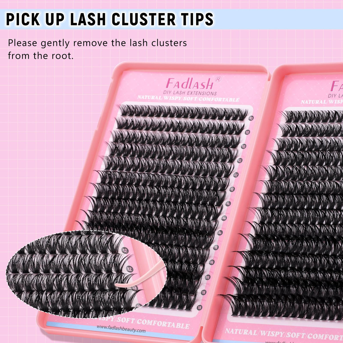 FADLASH tweezers applying cluster demonstrating quick DIY use