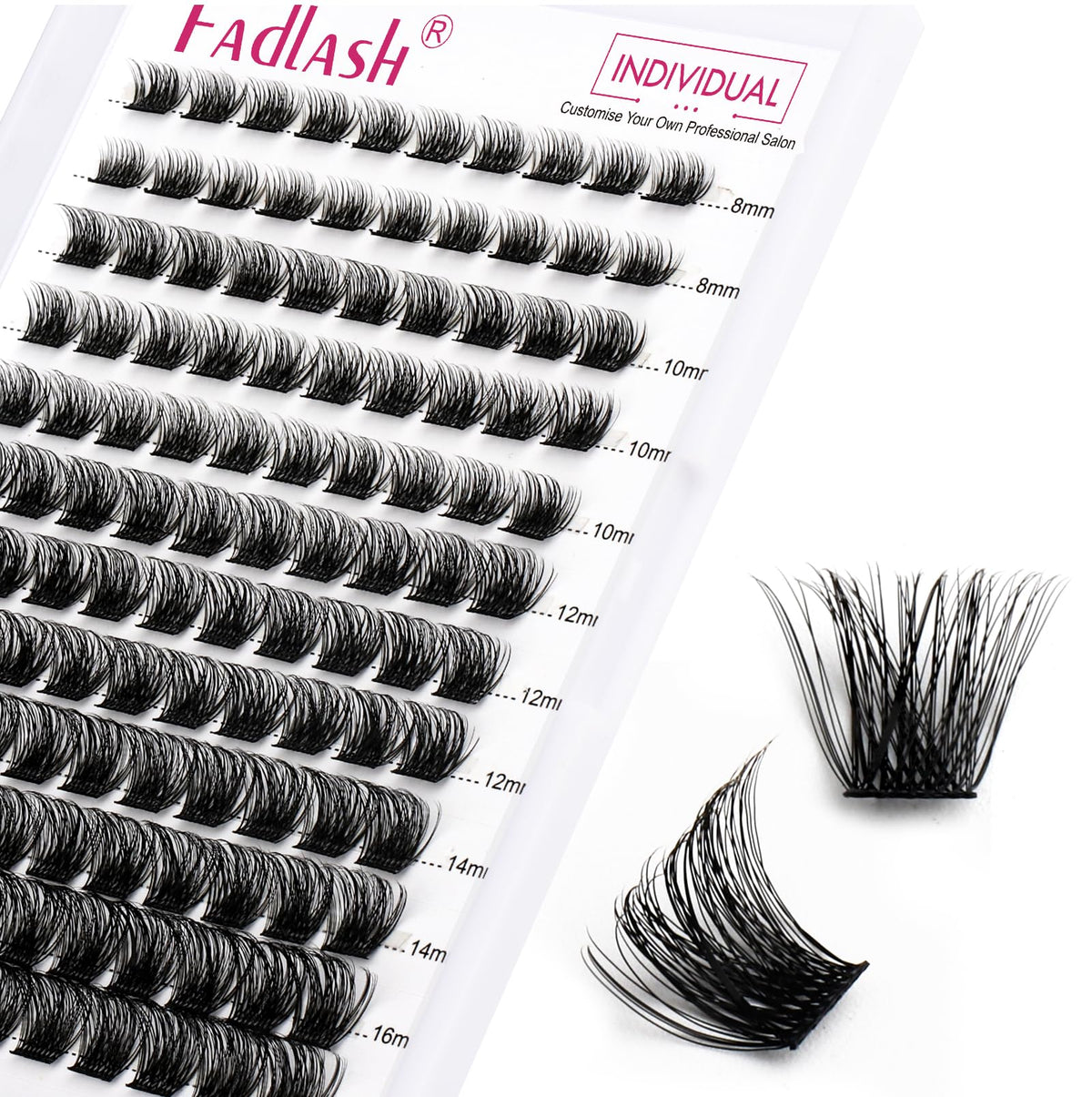 FADLASH front tray overview showing 144 mixed-length clusters and clear layout benefit