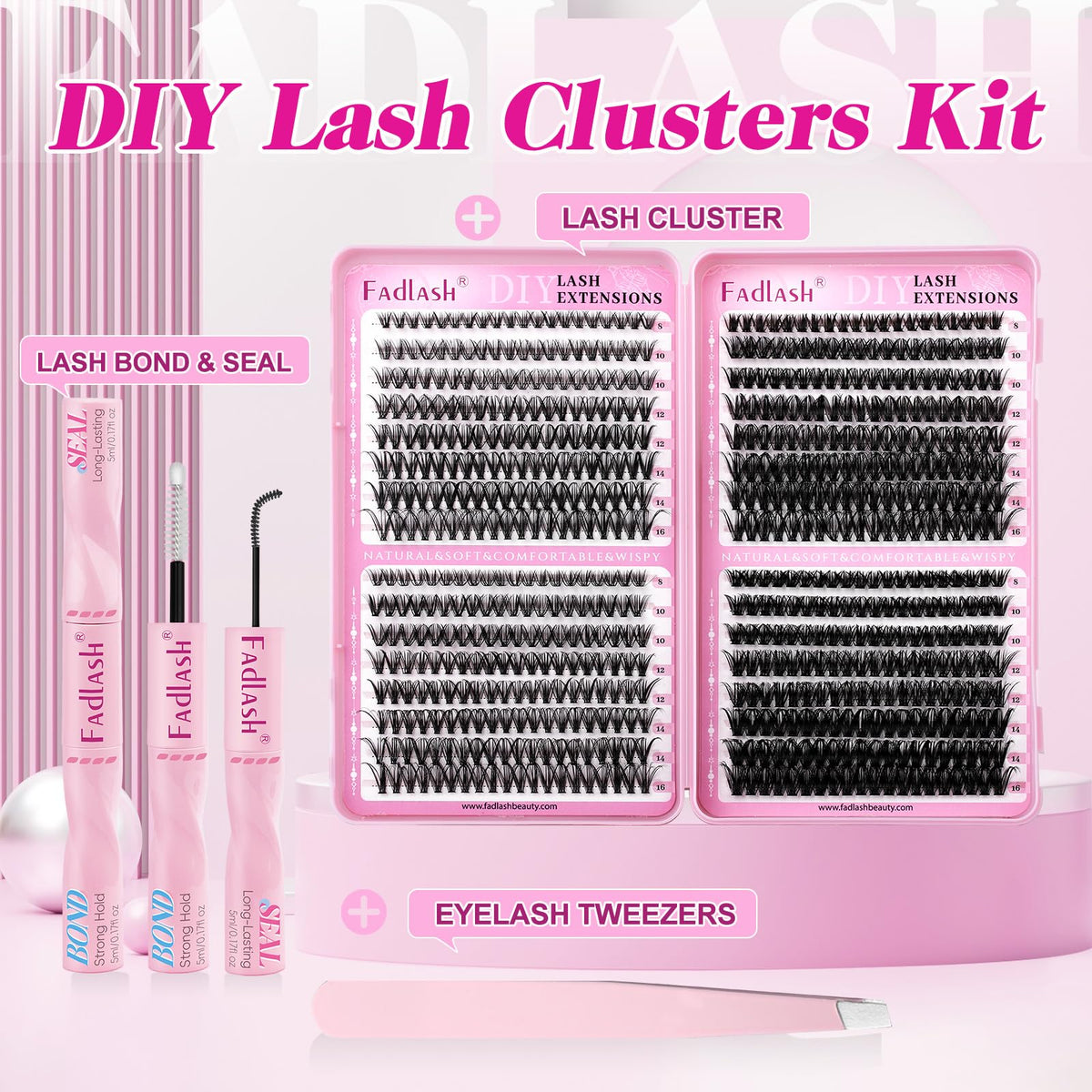 FADLASH tweezer and lash bond displayed for precise cluster application