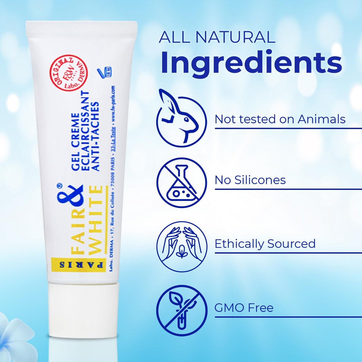 FAIR & WHITE label detail showing product name and key brightening claims