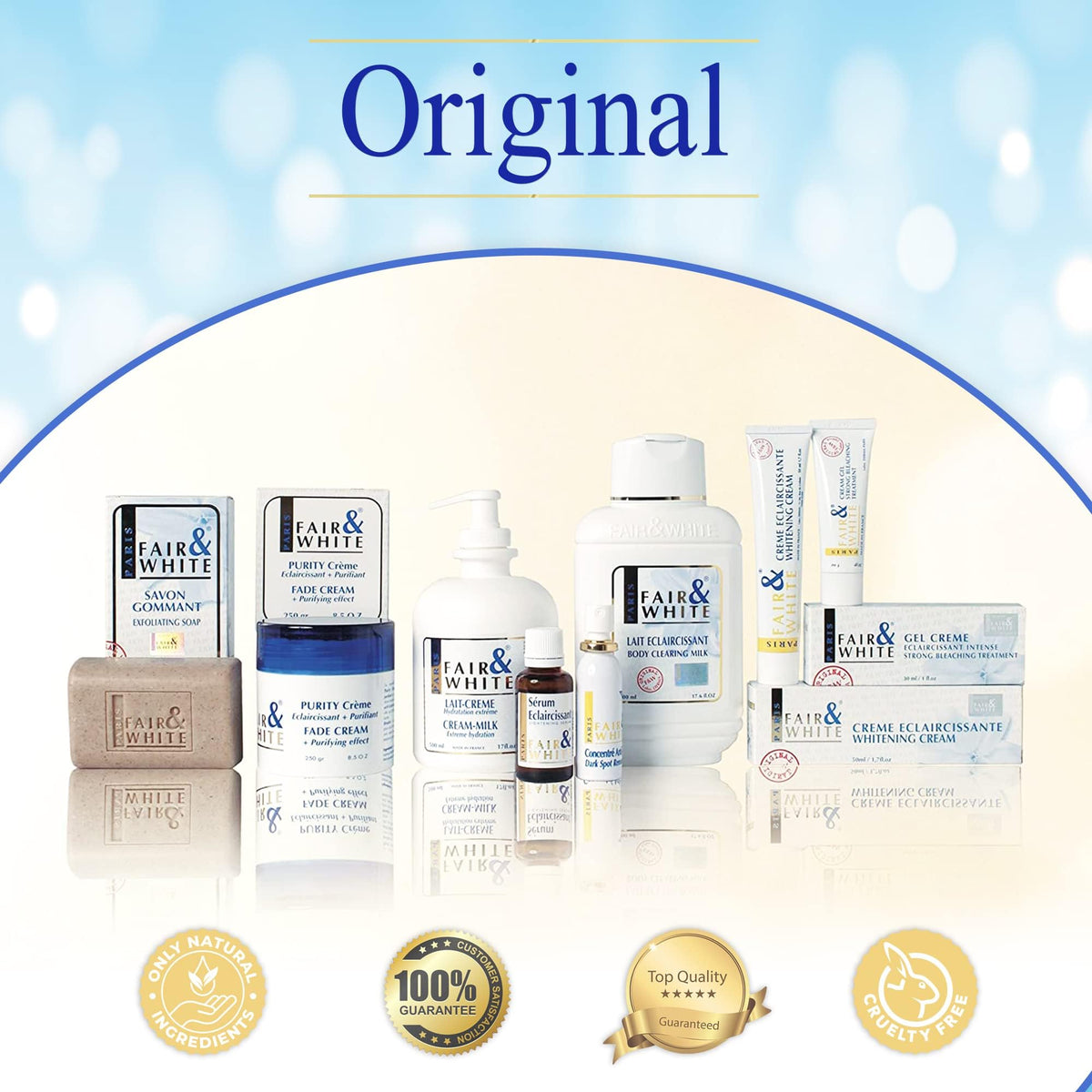 FAIR & WHITE on bathroom shelf in routine scene promoting daily use