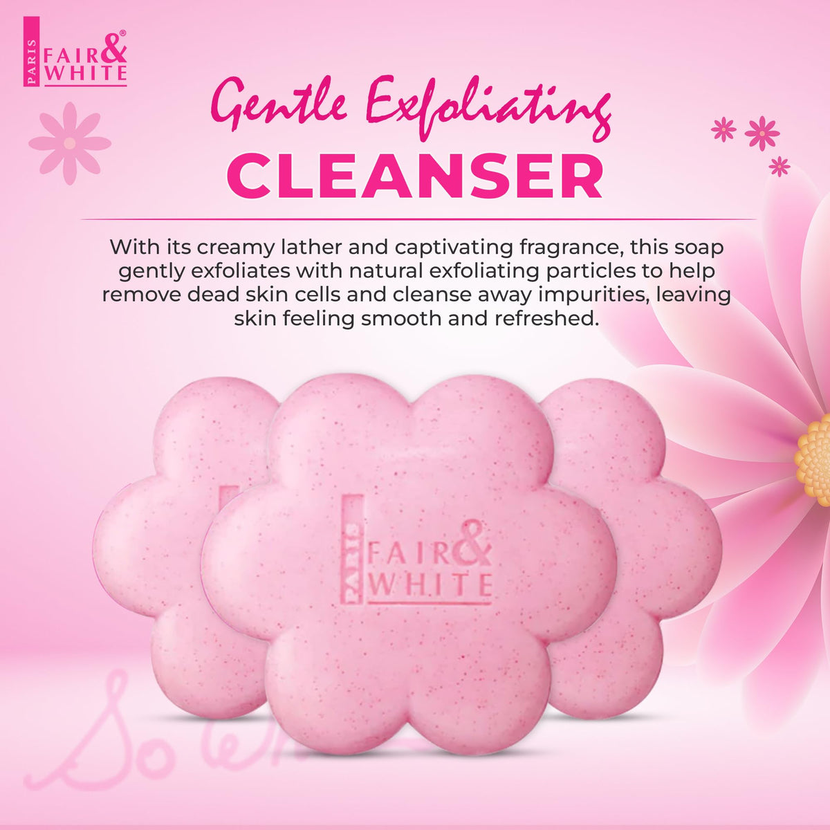 Fair & White soap bar close-up texture highlighting gentle exfoliating grains benefit