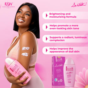 FAIR & WHITE dispensing lotion from pump demonstrating easy application and controlled coverage