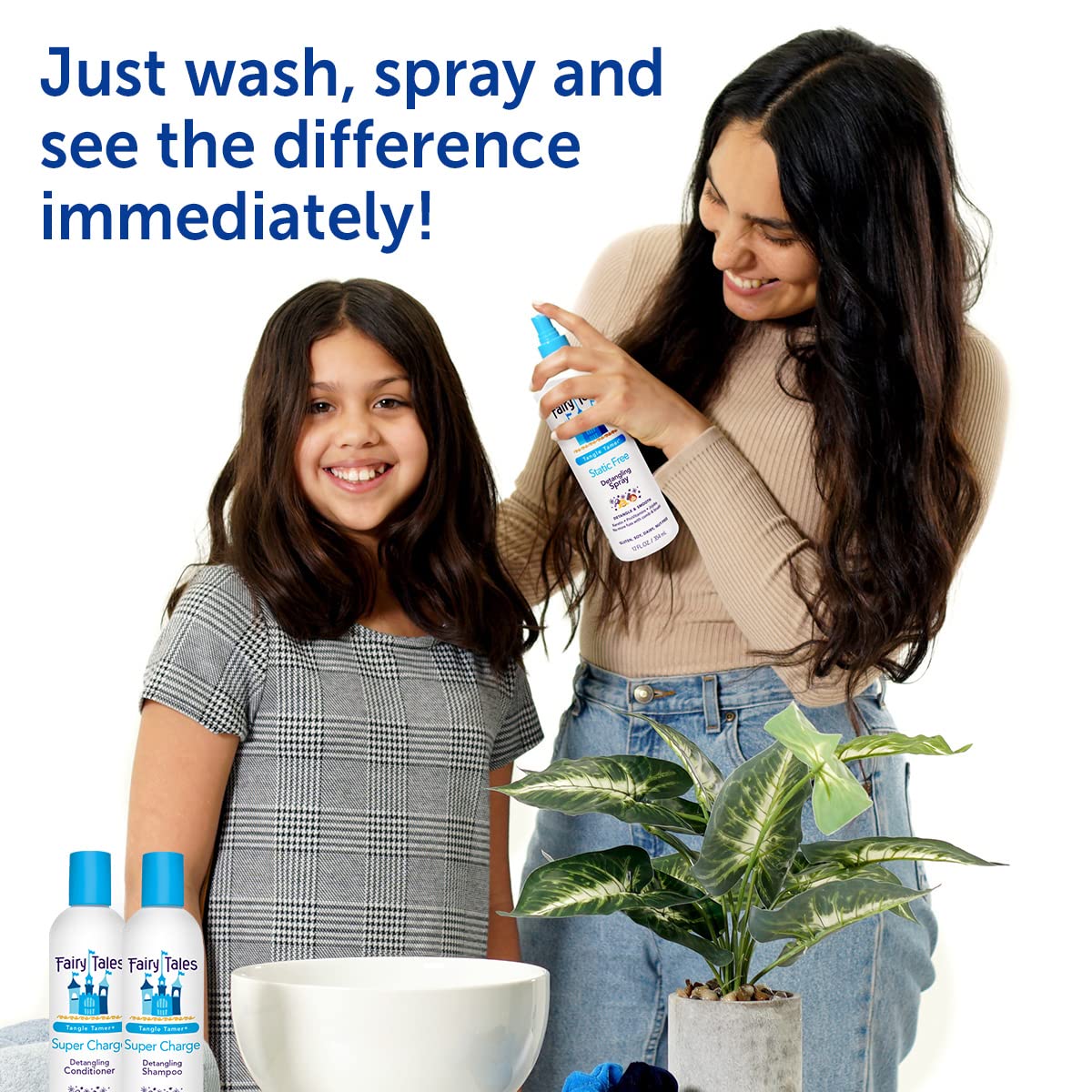 Child using Fairy Tales conditioner while caregiver detangles hair with less pulling