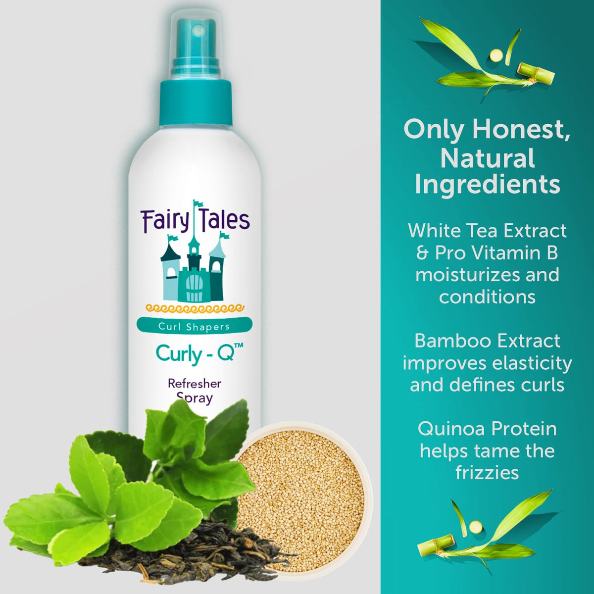 Fairy Tales Curly-Q bottle next to a ruler showing true 8oz scale