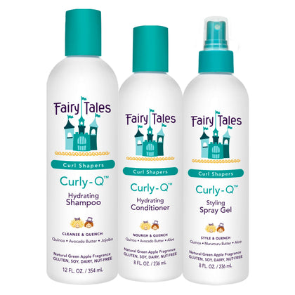 Fairy Tales Curly Q front packaging showing three bottles and benefits