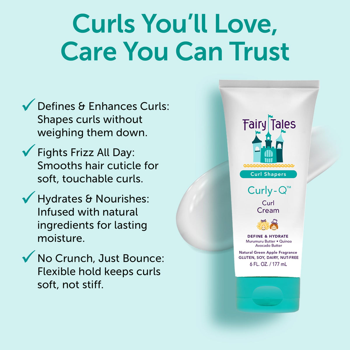 Fairy Tales Curly Q on child applying cream for defined, frizz-free curls