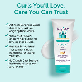 Fairy Tales Curly Q on child applying cream for defined, frizz-free curls