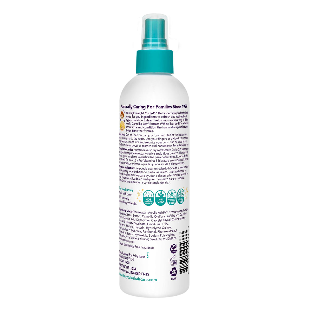 Fairy Tales Curly-Q mist spraying onto curls for quick refresh and bounce