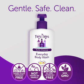 Fairy Tales bottle on bathroom shelf conveying family-friendly daily routine