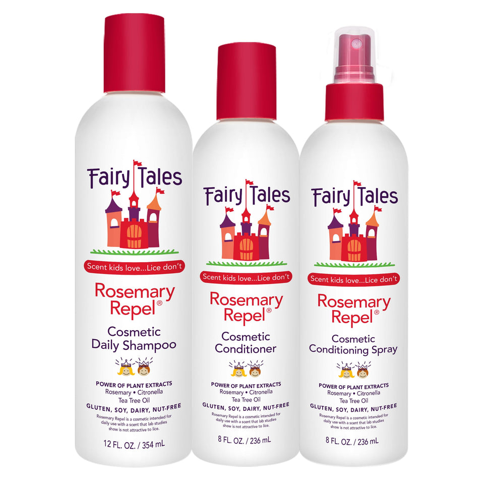 Fairy Tales trio front packaging showing bottles and kid-friendly design, promotes daily care