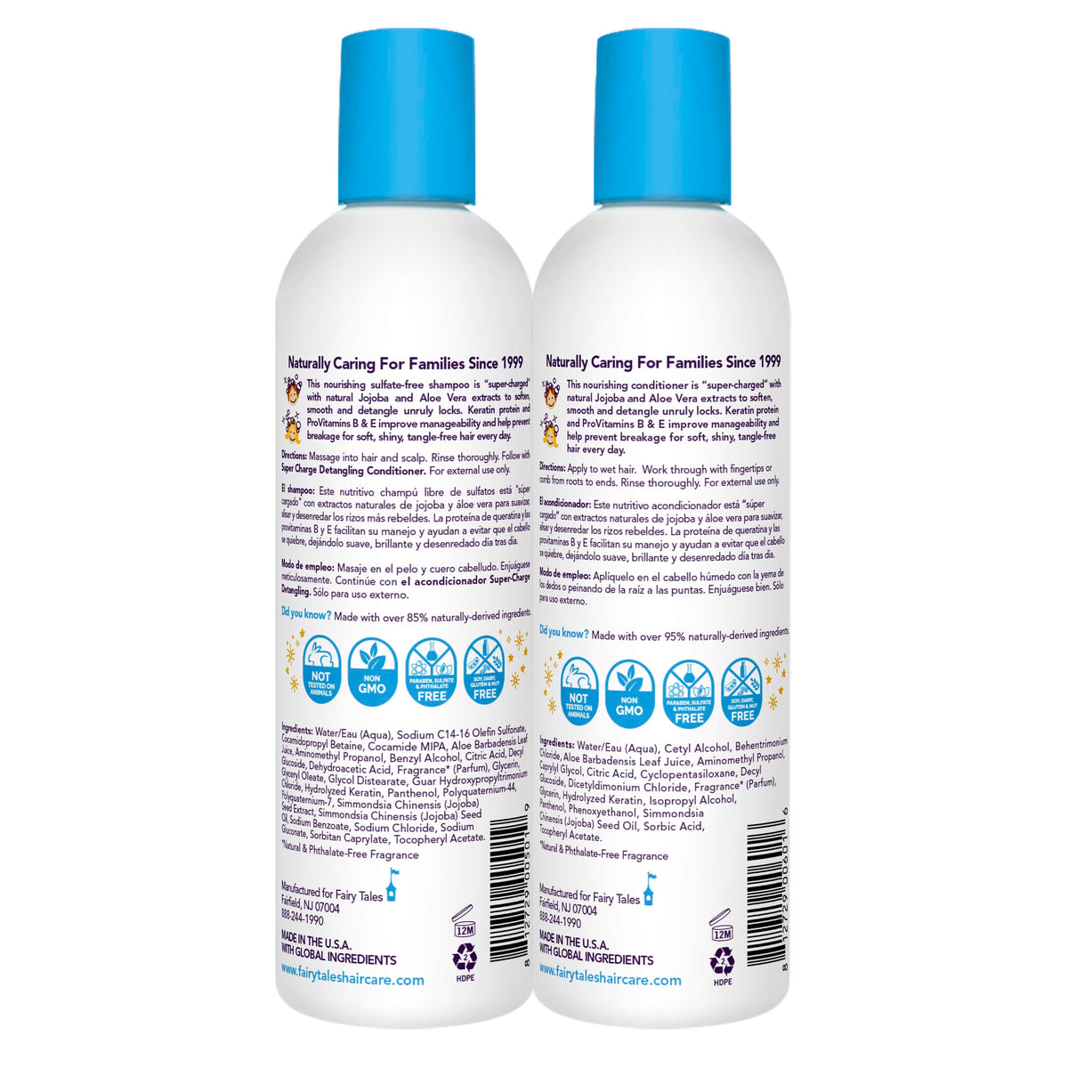 Fairy Tales shampoo and conditioner bottles side view for easy dispensing