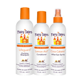 Fairy Tales front packaging showing the three swim hair care bottles and family-friendly design
