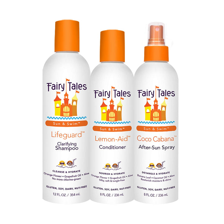 Fairy Tales front packaging showing the three swim hair care bottles and family-friendly design